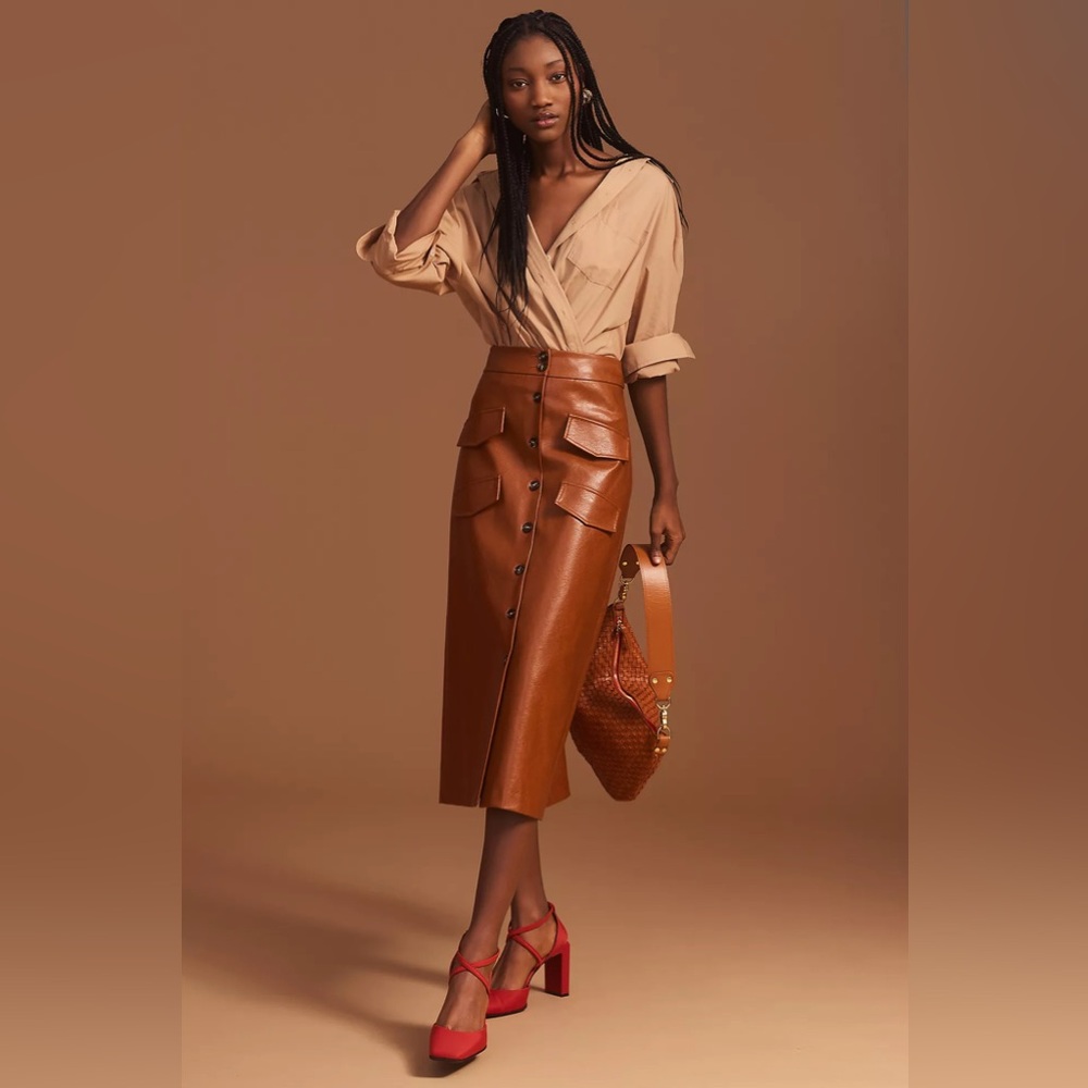 Mare Mare x Anthropologie Faux Leather Tan Brown A-line High Waist Midi Skirt